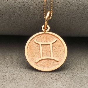 14K Solid Gold Gemini Pendant, Personalized Gemini Necklace, Gold Zodiac Necklace, Horoscope Pendant, Solid Gold Disc