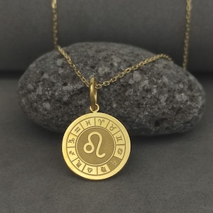14K Solid Gold Leo Pendant,  Horoscope Pendant, Gold Zodiac Necklace, Gold Horoscope Necklace, Zodiac Symbol