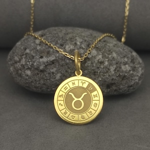 14K Solid Gold Taurus Pendant, Personalized Taurus Necklace, Gold Zodiac Necklace, Horoscope Pendant, Gold Zodiac