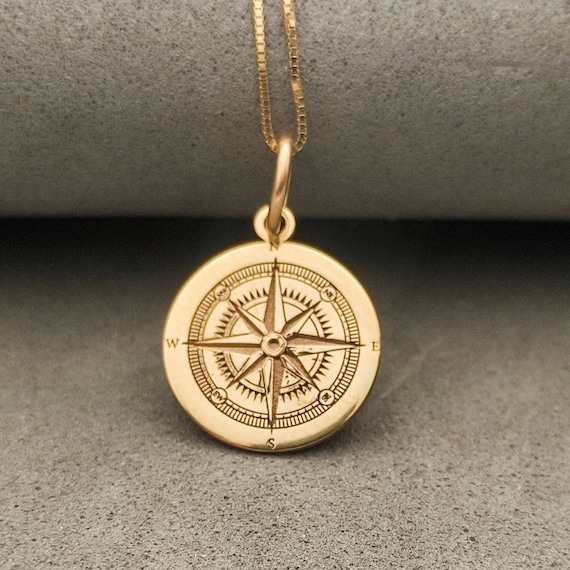 Engraved Compass Necklace - 14k Solid Gold - Oak & Luna