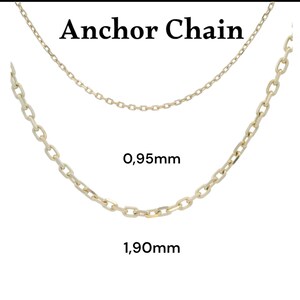 May include: A gold-toned anchor chain necklace displayed in two different thicknesses. The top chain is labelled 0.95mm and the bottom chain is labelled 1.90mm. The text Anchor Chain is printed at the top of the image, indicating the style of the jewellery.