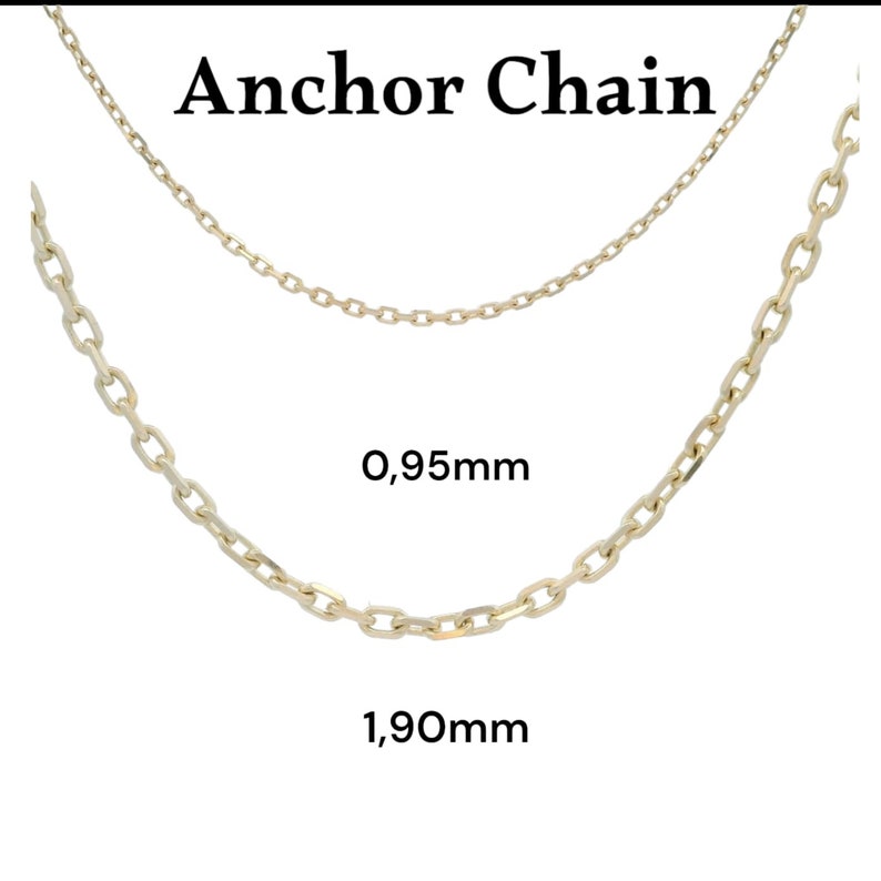 May include: A gold-toned anchor chain necklace displayed in two different thicknesses. The top chain is labelled 0.95mm and the bottom chain is labelled 1.90mm. The text Anchor Chain is printed at the top of the image, indicating the style of the jewellery.