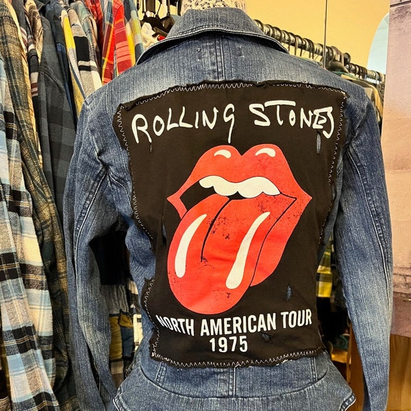 Upcycled Denim Jacket Rolling Stones 1975 Concert Tour Lips and Tongue, Women's Small