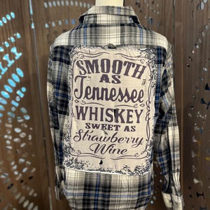 Upcycled Chris Stapleton Tennessee Whiskey Blue Flannel Shirt, Men’s Medium