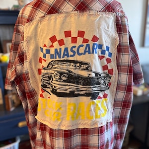 Upcycled Nascar Racing Short Sleeve Button Up Shirt, Men’s Large