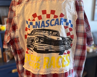 Upcycled Nascar Racing Short Sleeve Button Up Shirt, Men’s Large