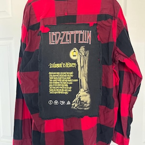 Upcycled Led Zeppelin Stairway to Heaven Distressed Flannel, Men’s XL