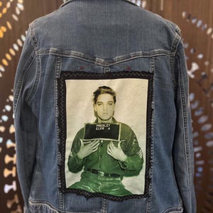 Upcycled Elvis Presley Denim Jacket, Women’s Medium