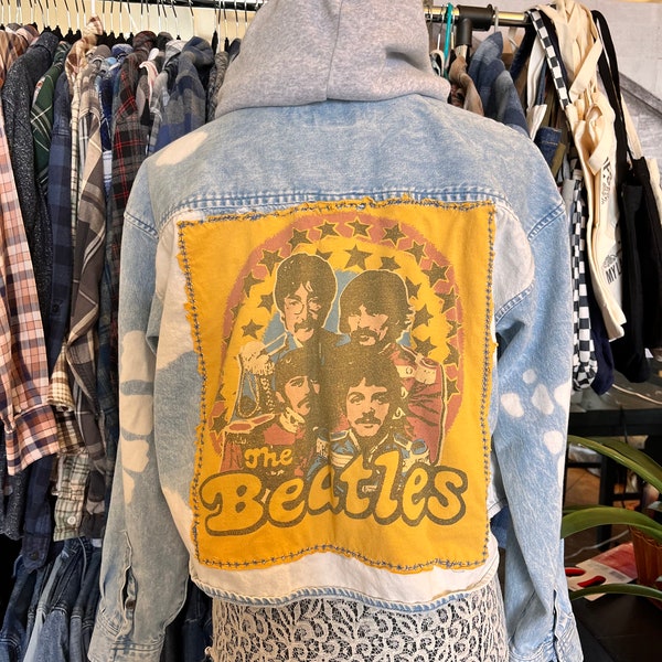 Upcycled the Beatles, Sergeant Pepper, lonely, hearts club band denim jacket,  Women's Small