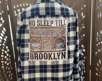 Upcycled No Sleep Til Brooklyn Flannel Shirt, Men’s L