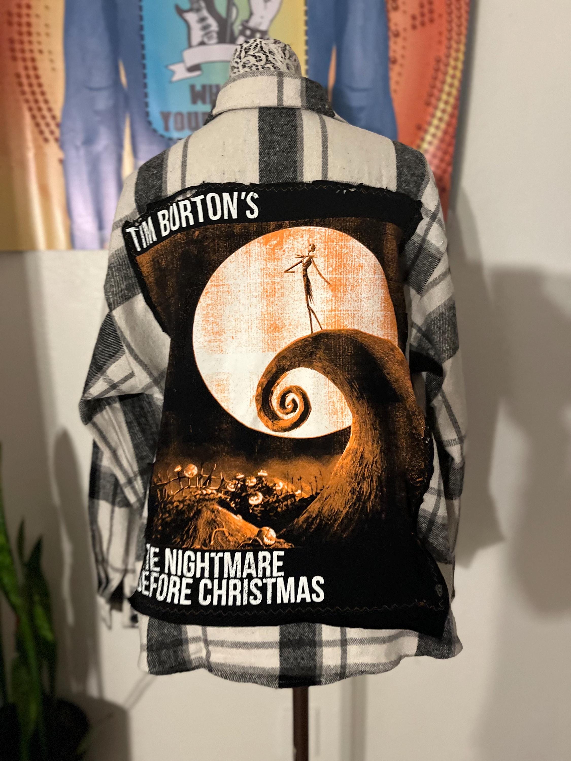 Upcycled Nightmare Before Christmas Orange Pumpkin Patch Flannel Jacket, Women’s Large