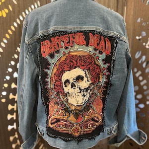 Upcycled Grateful Dead Skeleton Roses Denim Jacket, Women’s Large