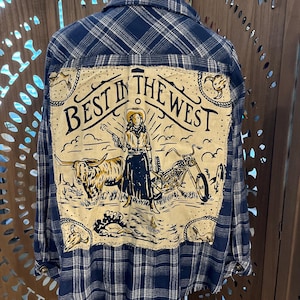Upcycled Best in the West Cowgirl Bandana Flannel Shirt, Medium