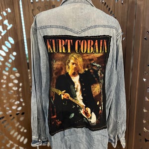 Upcycled Kurt Cobain Guitar Denim Shirt, XL