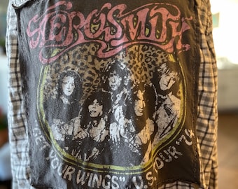Upcycled Aerosmith Flannel Shirt, Get Your Wings Tour, Men’s Large Tall