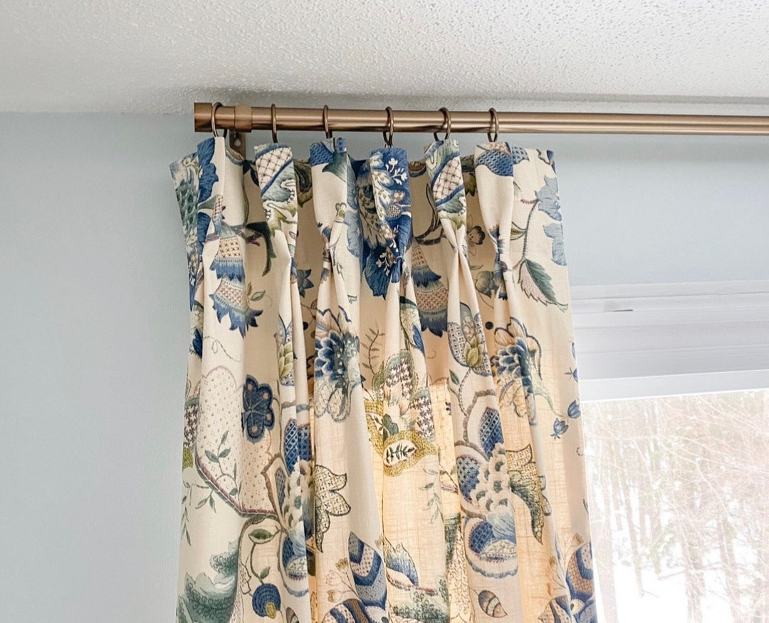 Linen Cotton Blue Floral Jacobean Print French Pleat Curtain Un Lined