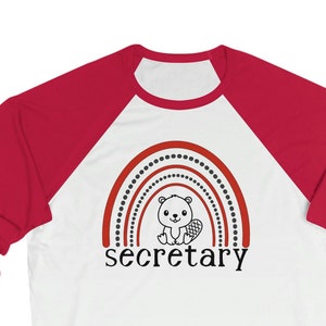 Cute Beaverton Beavers Secretary Rainbow Design on Bella and Canvas Raglan Unisex 3/4 Sleeve Baseball Tee