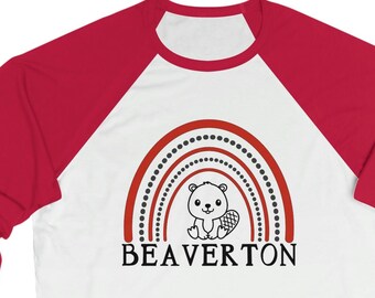 CUTE Beaverton Beavers Rainbow Design on Bella and Canvas Raglan Unisex 3/4 Sleeve Baseball Tee