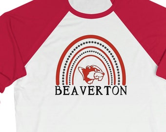 FIERCE Beaverton Beavers Rainbow Design on Bella and Canvas Raglan Unisex 3/4 Sleeve Baseball Tee