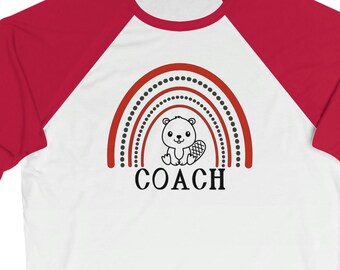 Cute Beaverton Beavers Coach Rainbow Design on Bella and Canvas Raglan Unisex 3/4 Sleeve Baseball Tee