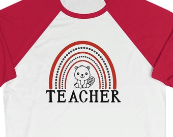 Cute Beaverton Beavers Teacher Rainbow Design on Bella and Canvas Raglan Unisex 3/4 Sleeve Baseball Tee
