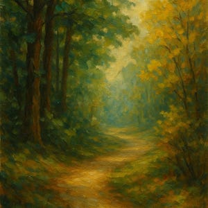 May include: Oil painting of a forest scene with a path leading into the distance. The artwork features a palette of greens, yellows, and browns, with sunlight filtering through the trees. The style is impressionistic, with visible brushstrokes.