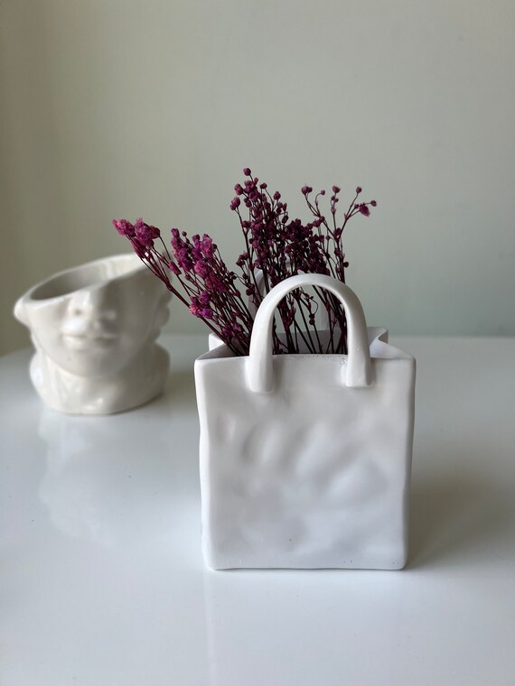 Handmade Ceramic Paper Bag Vase| Minimalist vase, white flower vase, nordic style, decorative pot,home vase decor,office vase, office ideas