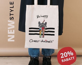 Jutebeutel – Jute Tasche – Jutebeutel witzig – Stoffbeutel Geschenk – Einkaufsbeutel Elefant– Lustige Jutebeutel - Stofftasche Crazy Animals