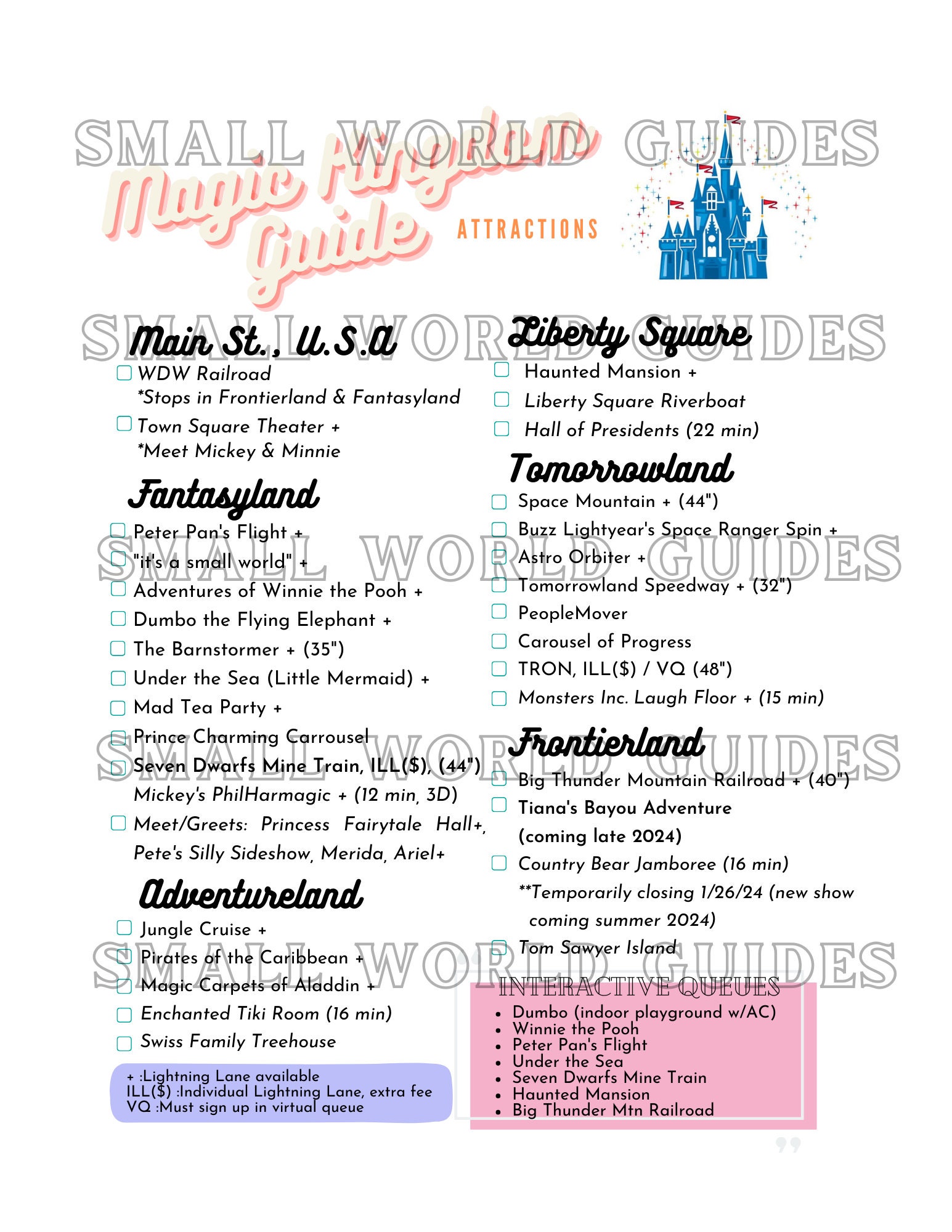 Printable WDW Parks Attractions &amp; Food Guide 2024 all 4 Magic Kingdom ...