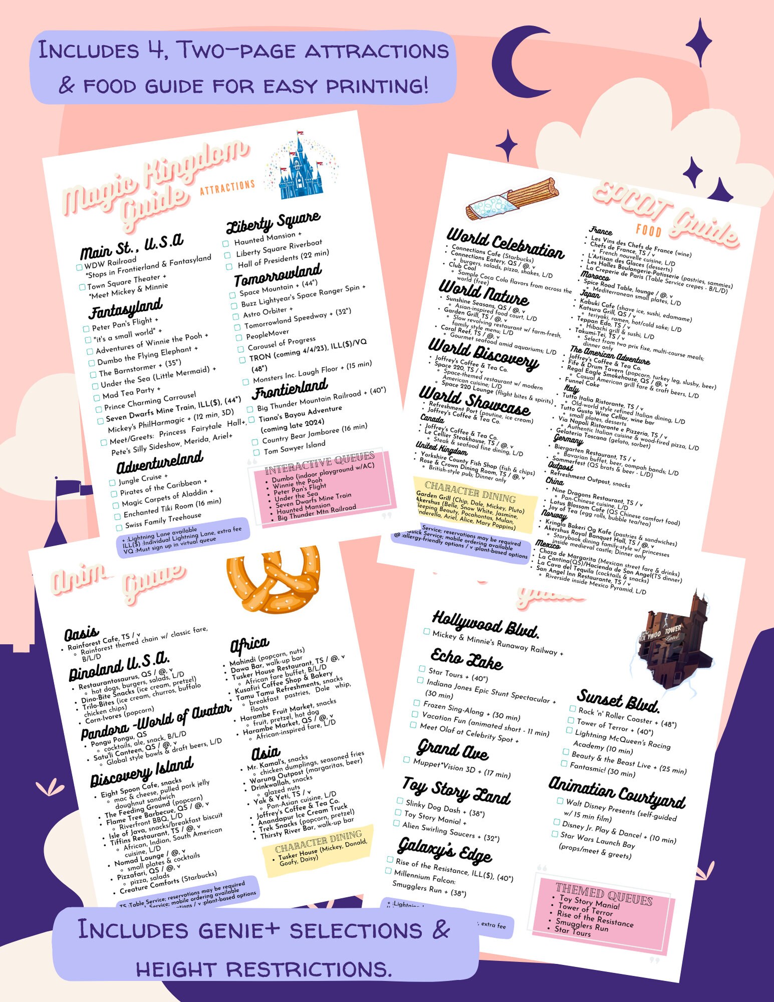 Printable WDW Parks Attractions &amp; Food Guide 2024 all 4 Magic Kingdom ...