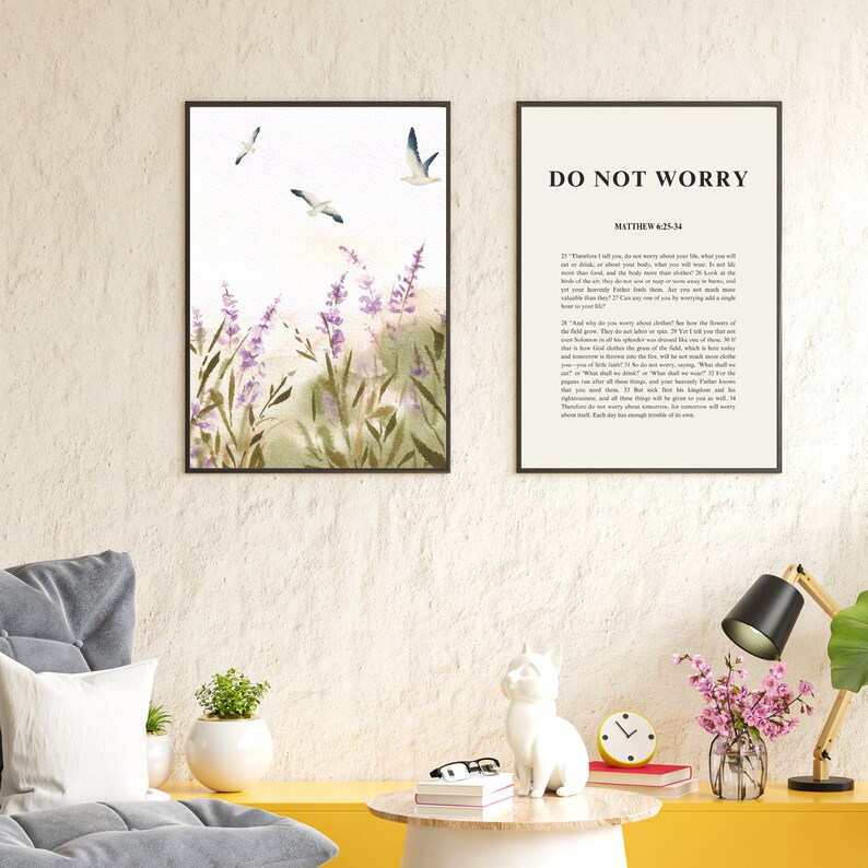 Matthew 6:25-34, Do Not Worry, Set of 2, Bible Verse Wall Art, Christian Home Decor, Livingroom Wall Art, Scripture Digital Print, Art Print image 9