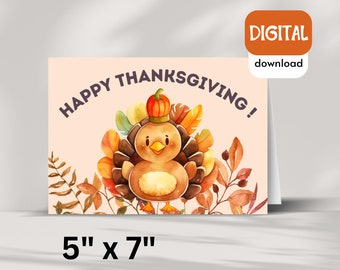 Printable Thanksgiving Card, Digital Download, Greeting Card For Thanksgiving, Thanksgiving card for kids, Cute Turkey, PDF