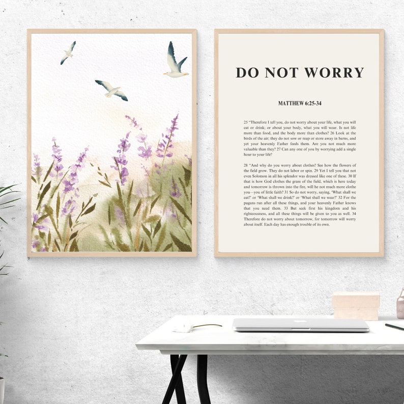 Matthew 6:25-34, Do Not Worry, Set of 2, Bible Verse Wall Art, Christian Home Decor, Livingroom Wall Art, Scripture Digital Print, Art Print image 3