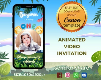 Dinosaur Birthday Video Invitation For Baby Boy, Custom Birthday Party Invite, Editable Dino Canva Template, Animated Text Evite, Green