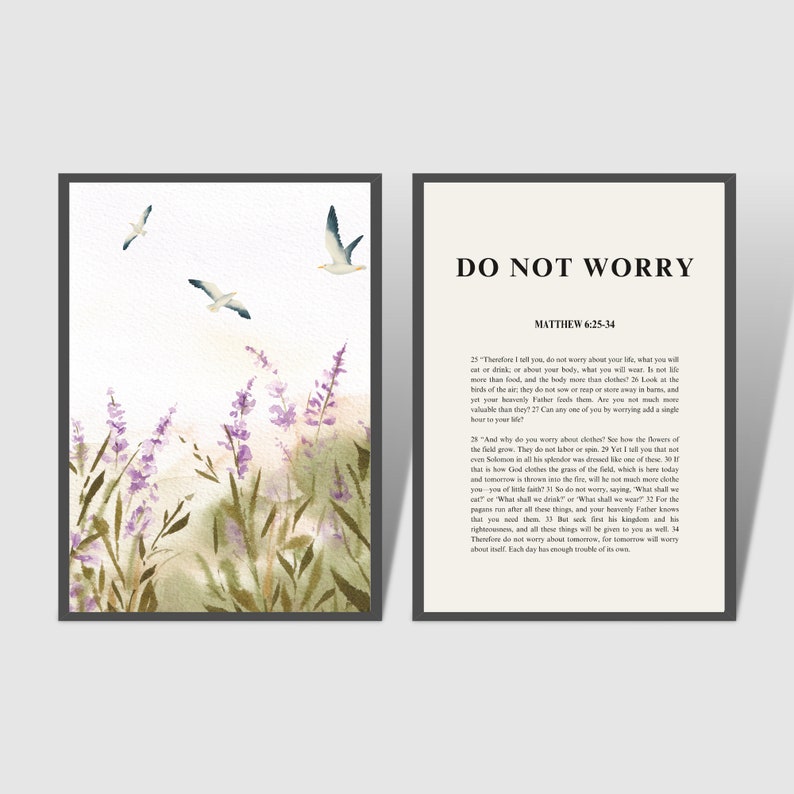 Matthew 6:25-34, Do Not Worry, Set of 2, Bible Verse Wall Art, Christian Home Decor, Livingroom Wall Art, Scripture Digital Print, Art Print image 1