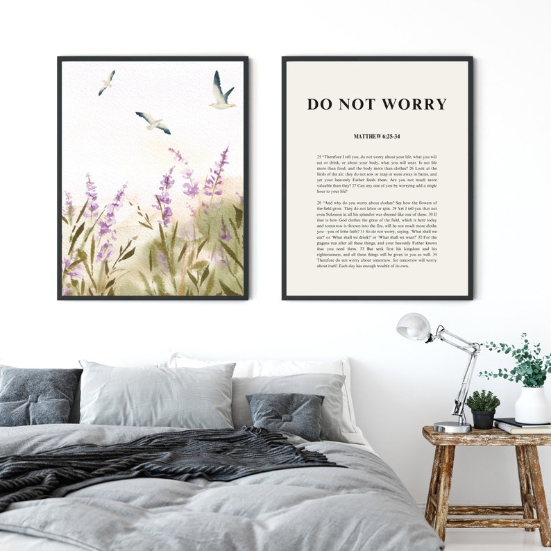 Matthew 6:25-34, Do Not Worry, Set of 2, Bible Verse Wall Art, Christian Home Decor, Livingroom Wall Art, Scripture Digital Print, Art Print image 4