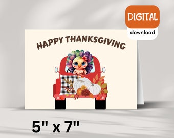 Printable Thanksgiving Card, Digital Download, Greeting Card For Thanksgiving, Thanksgiving card for kids, Cute Turkey, PDF