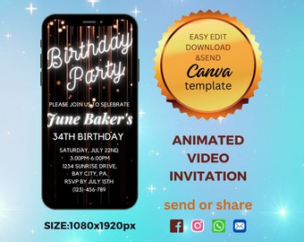 Black and Gold Glitter Birthday Video Invitation, Electronic Adult Party Invite, Any Age, Editable Video Evite, Editable Template