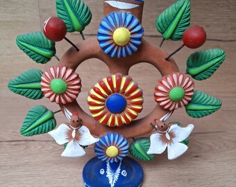 Antique Mexican Tree of Life Candlestick in Terracotta. Mexican Folk Art
