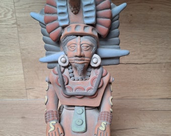 Large Aztec Deity Statue, Mayan Warrior Chief, Terracotta Sculpture. Mexican Crafts