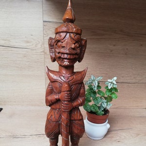 Vintage Wooden Statue 43cm, Temple Guardian Figurine, Thailand, Asia, Tibet, Collectible, Buddhism