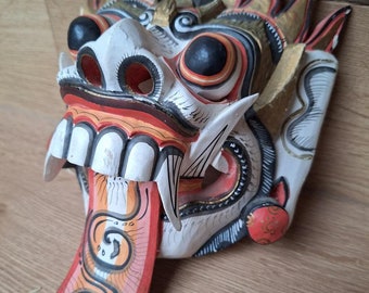 Red Fire Flame Wall Mounted Wooden Mask Bali Barong, Rangda Balinese, Indonesia.
