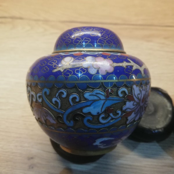 Paire de potiche, récipient avec couvercle en émaux cloisonné Chinoise, bleue, Asie