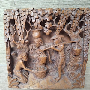 Wooden Carved Wall Panel - Traditional Asian Market Scene - Antique Crafts