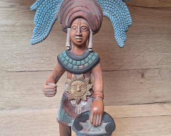 Krieger, Maya-König, Azteke, prächtige bunte mexikanische Statuette, präkolumbianisches, südamerikanisches Kunsthandwerk