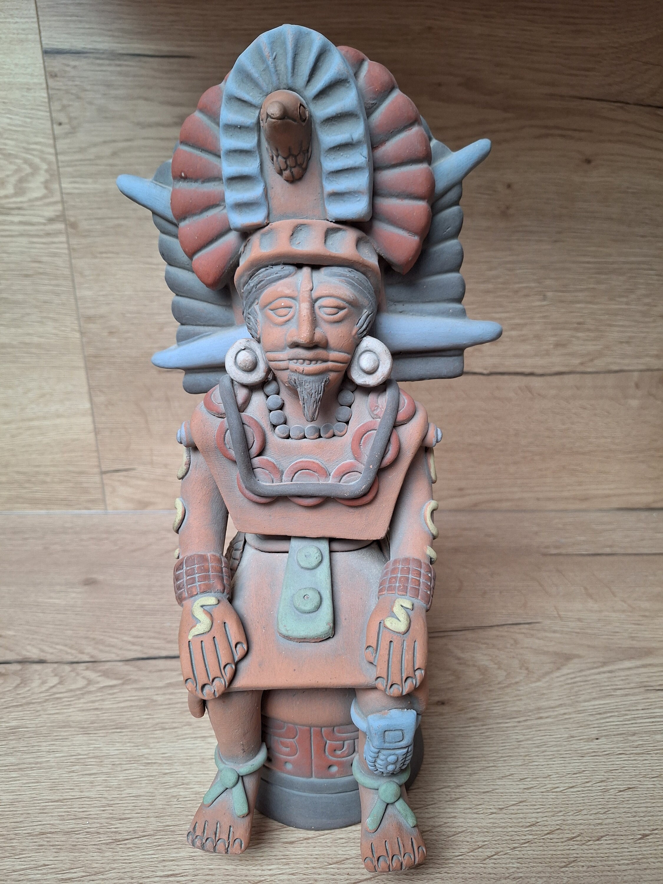 Large Aztec Deity Statue, Mayan Warrior Chief, Terracotta Sculpture. Mexican Crafts