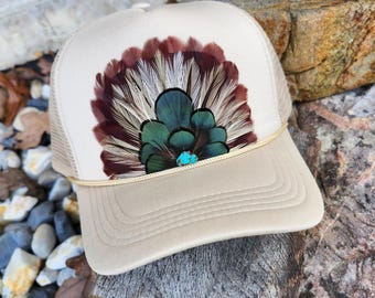 F11 Boho Feather Trucker Hat Feather Trucker Hat: Brown Khaki Cowgirl Rodeo Boho - Etsy main image 3