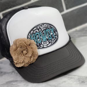 Howdy Trucker Hat with Burlap Flower Trucker Hat
