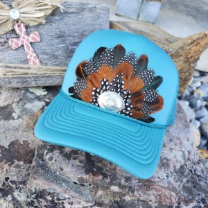 Feather Crown Trucker Hat: Handmade Western Rodeo Hat Turquoise Trucker Feather hat, Western Conco Hat, Trucker Hat Bar Hat