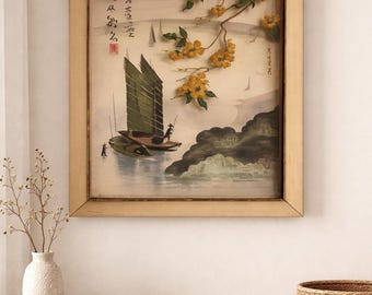 Vintage Chinese Painted Glass Harbor Scene with Raised Flowering Branch, Signed Calligraphy and Red Seal, Framed Wall Art